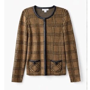 Pendleton Womens Merino Wool Leather Trim Plaid Cardigan Jacket Brown Size M